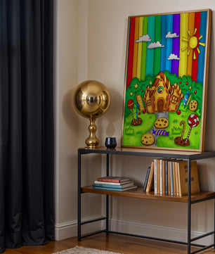 Whimsical candy house in a vibrant rainbow landscape