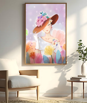 Mujer elegante con sombrero floral entre flores coloridas