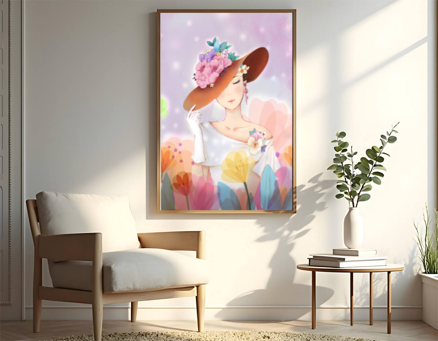 Mujer elegante con sombrero floral entre flores de colores