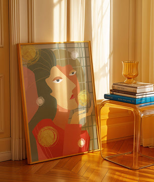 Abstract portrait artwork with geometric forms and gold accents