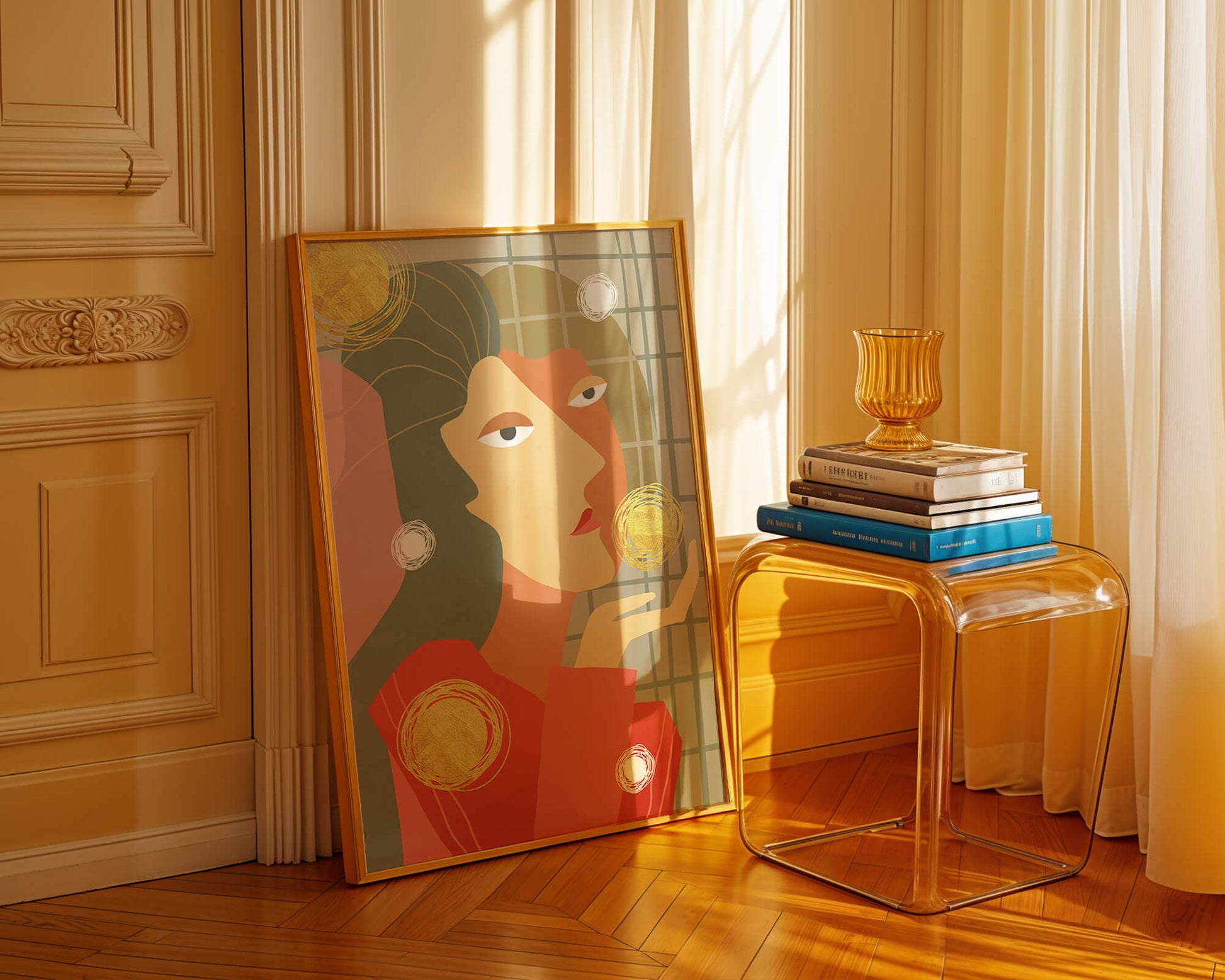 Abstract portrait artwork with geometric forms and gold accents