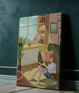 Cozy Living Room with a Reading Girl and Cat by the Window