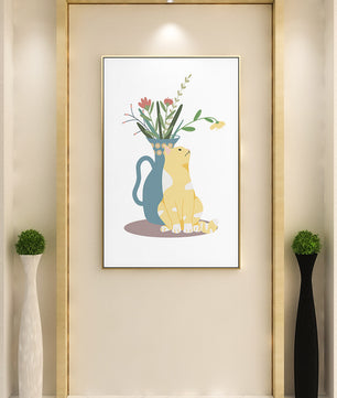Ilustración de un gato sentado junto a un jarrón floral