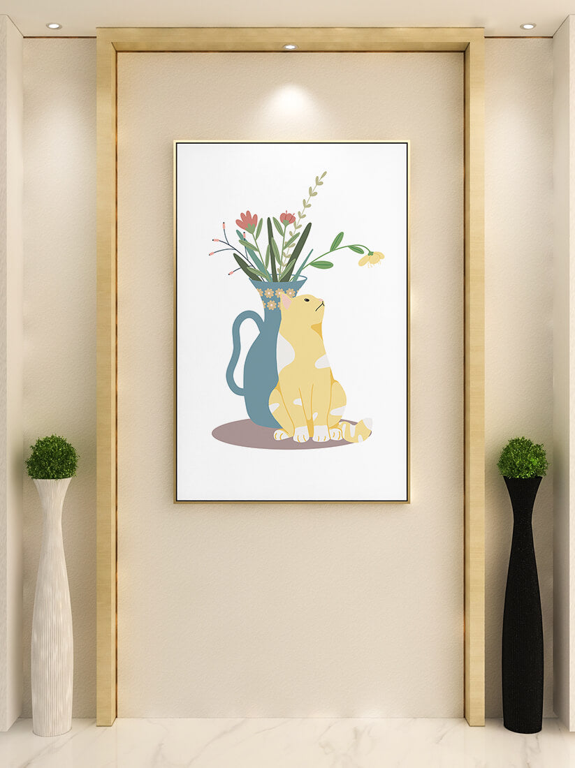 Illustration of a cat sitting beside a floral vase