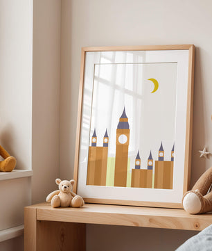 Ilustración minimalista de un icónico reloj con luna creciente