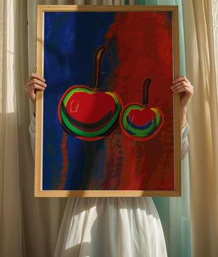 Pintura abstracta de cerezas con colores vibrantes
