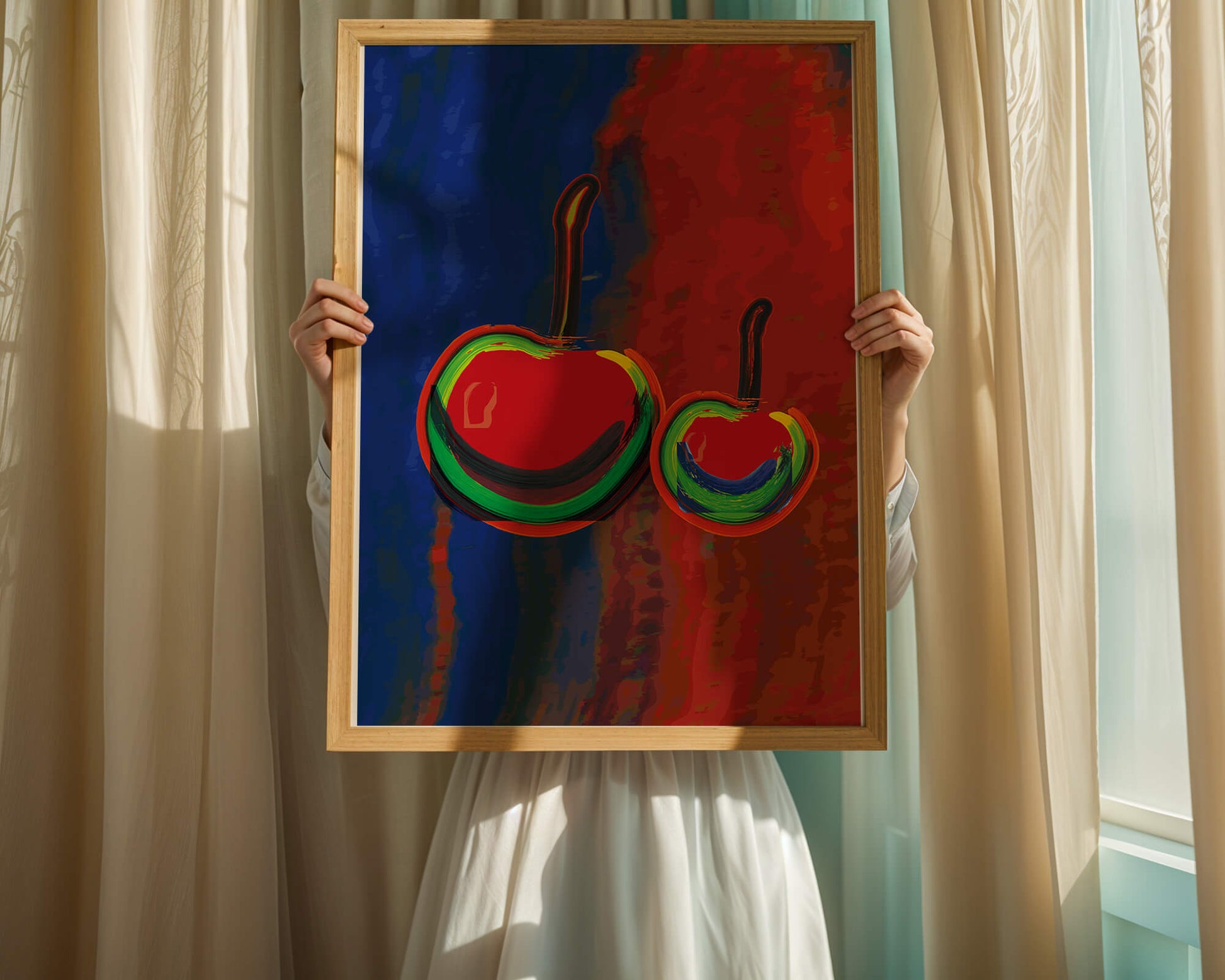 Pintura abstracta de cerezas con colores vibrantes.