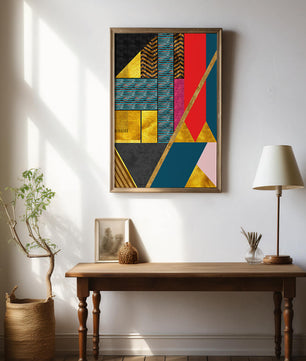 Geometric abstract art with bold colors and golden accents
