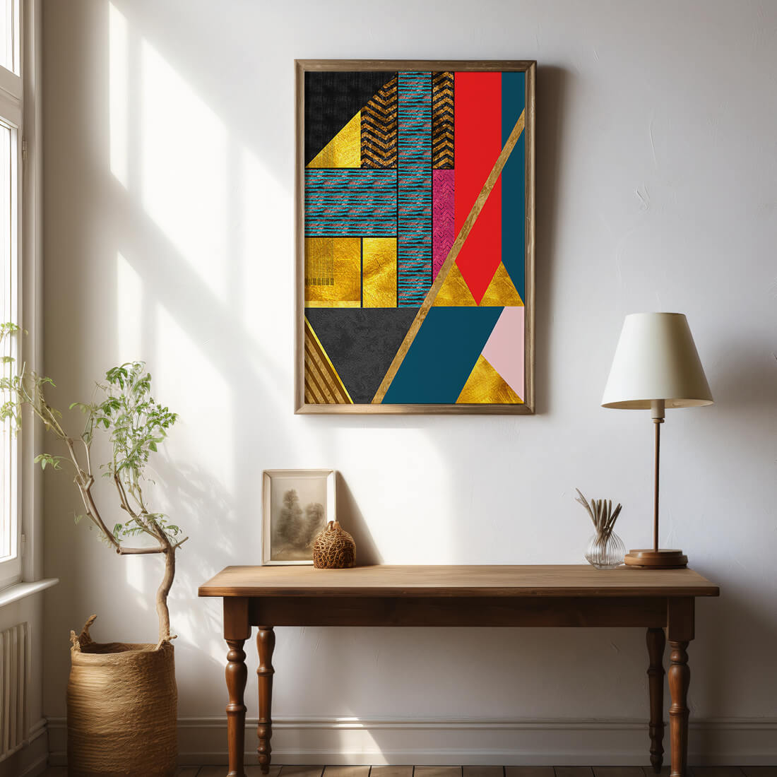 Geometric abstract art with bold colors and golden accents