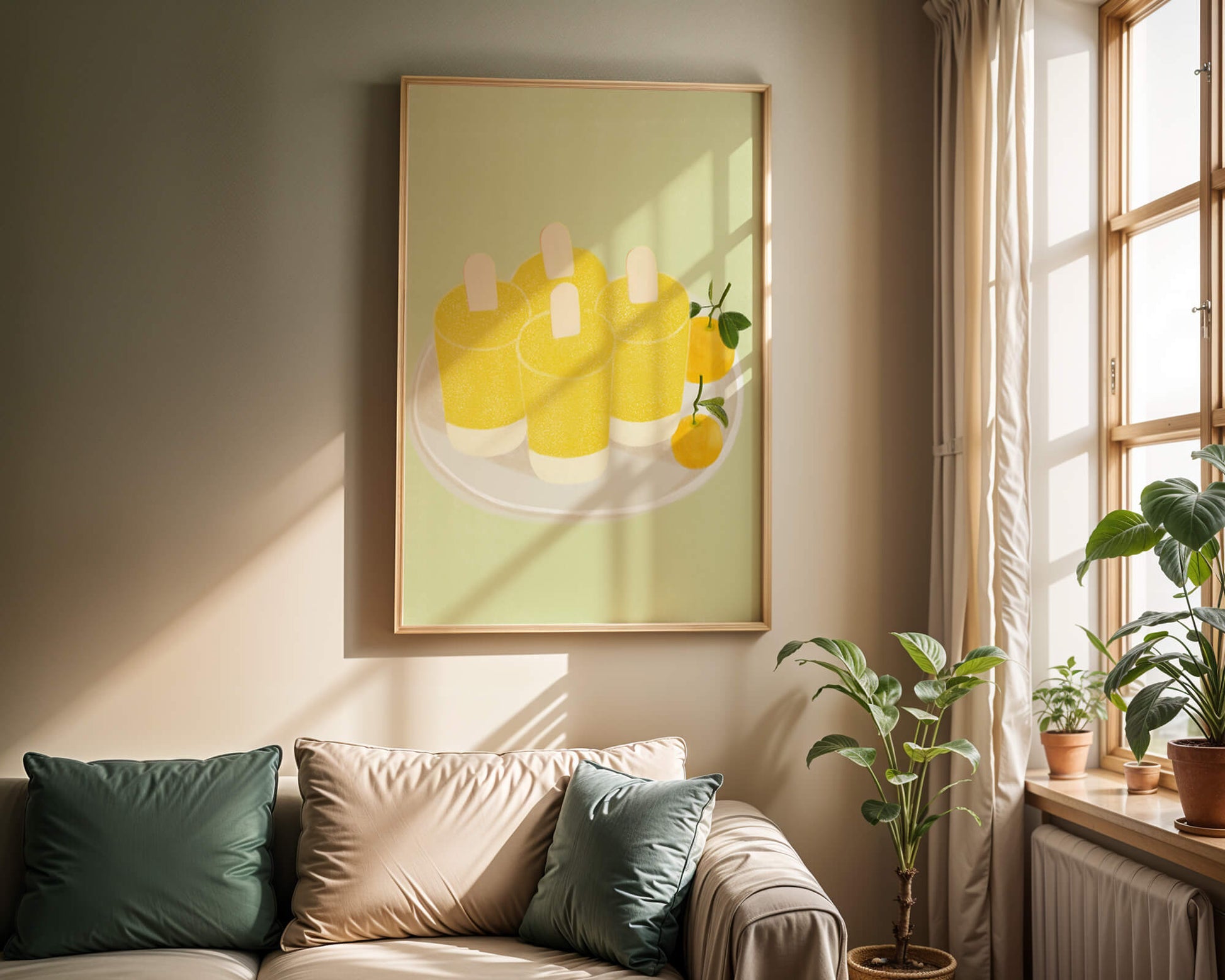 Illustration of yellow popsicles and oranges on a plate