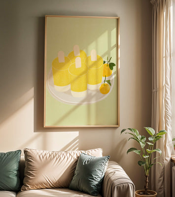 Illustration of yellow popsicles and oranges on a plate