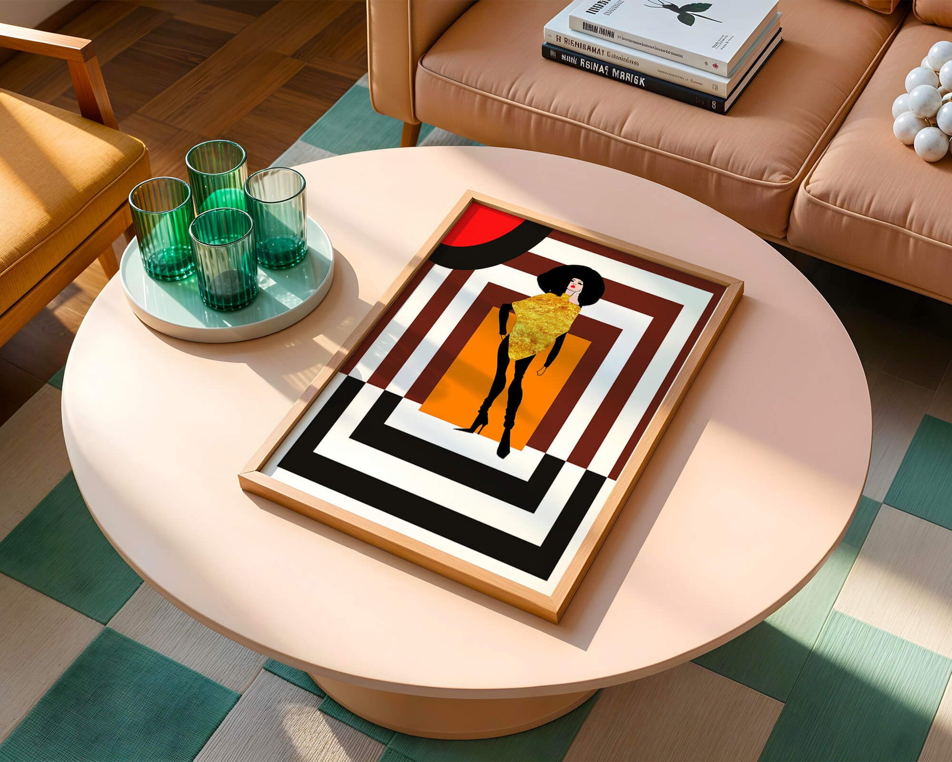 Fashion Illustration with Figure in Gold and Geometric Background