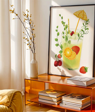 Refreshing summer drink illustration with fruits and greenery