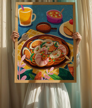 Escena ilustrativa de desayuno colorida con pasta y bebidas