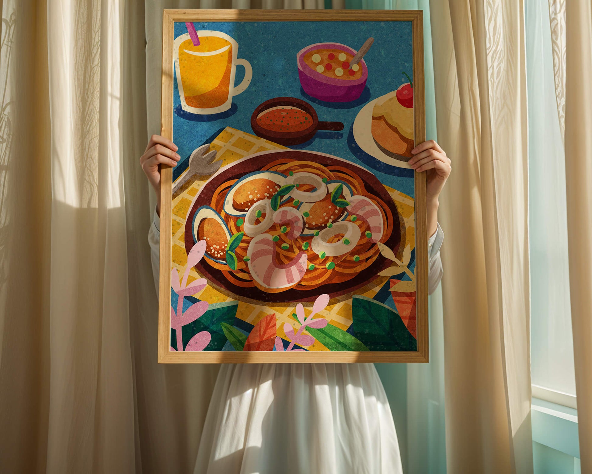 Colorful Illustrative Breakfast Scene with Pasta and Drinks