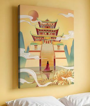 Ancient temple with serene landscape and vibrant colors artwork