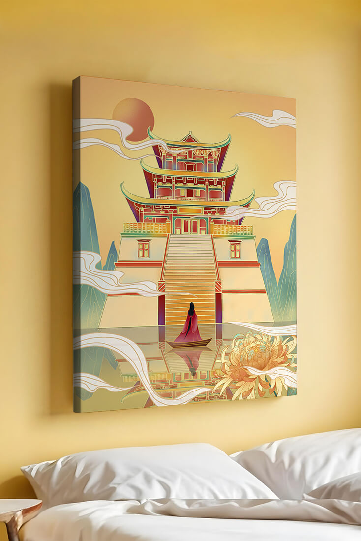 Ancient temple with serene landscape and vibrant colors artwork