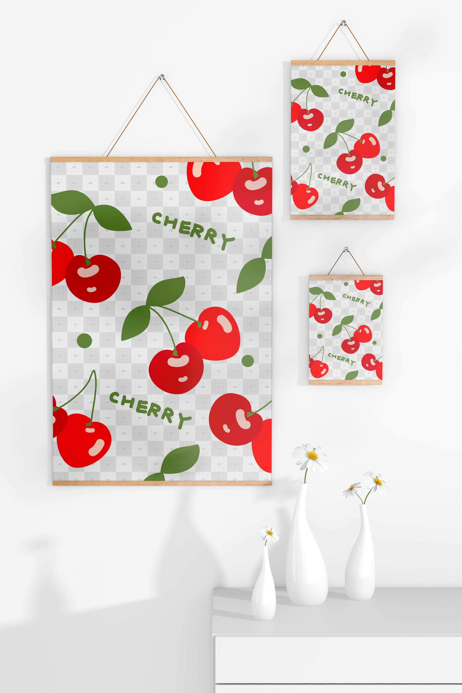 Cherry pattern on black background with green leaves