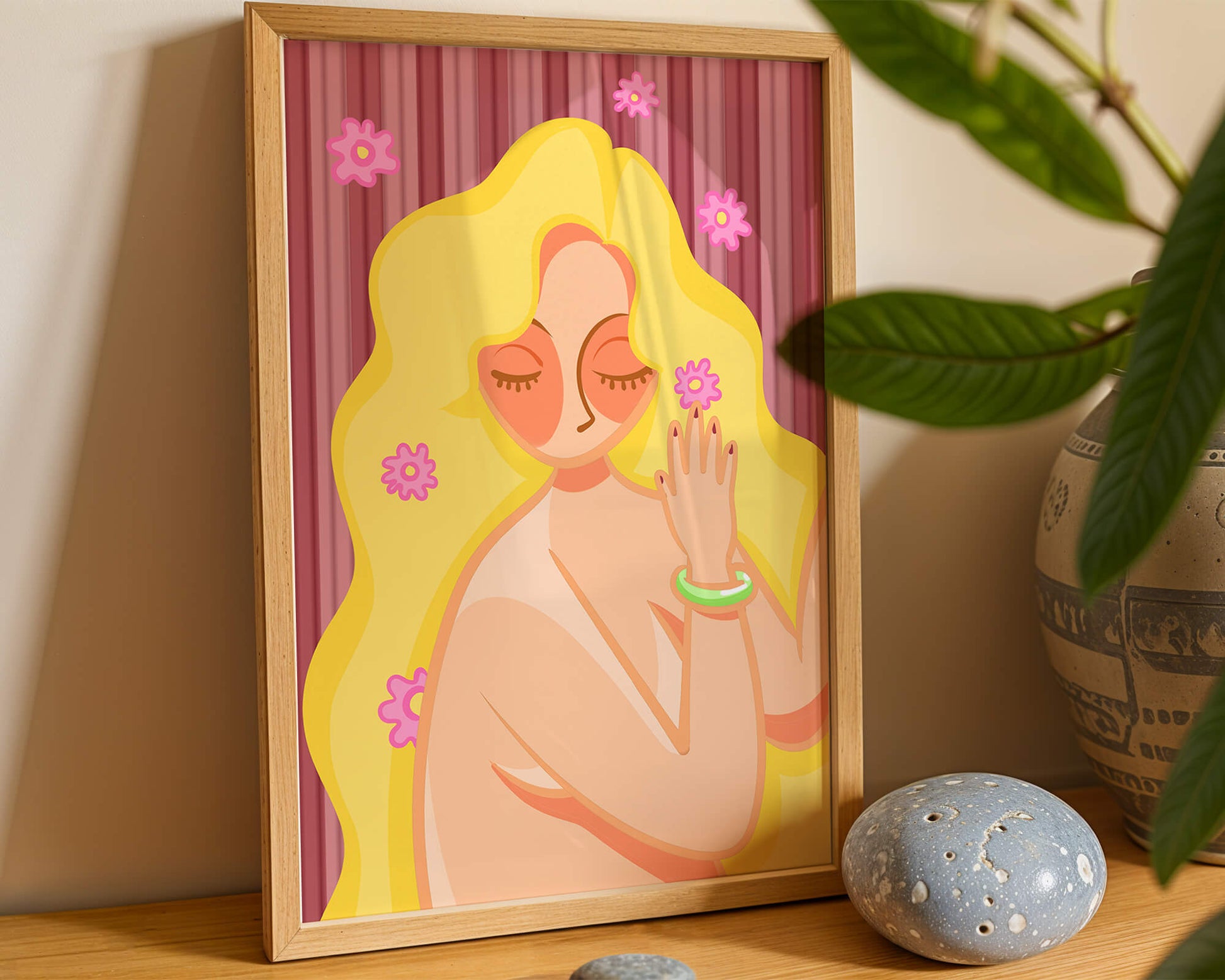 Ilustración abstracta de una mujer serena con el pelo largo y rubio y flores