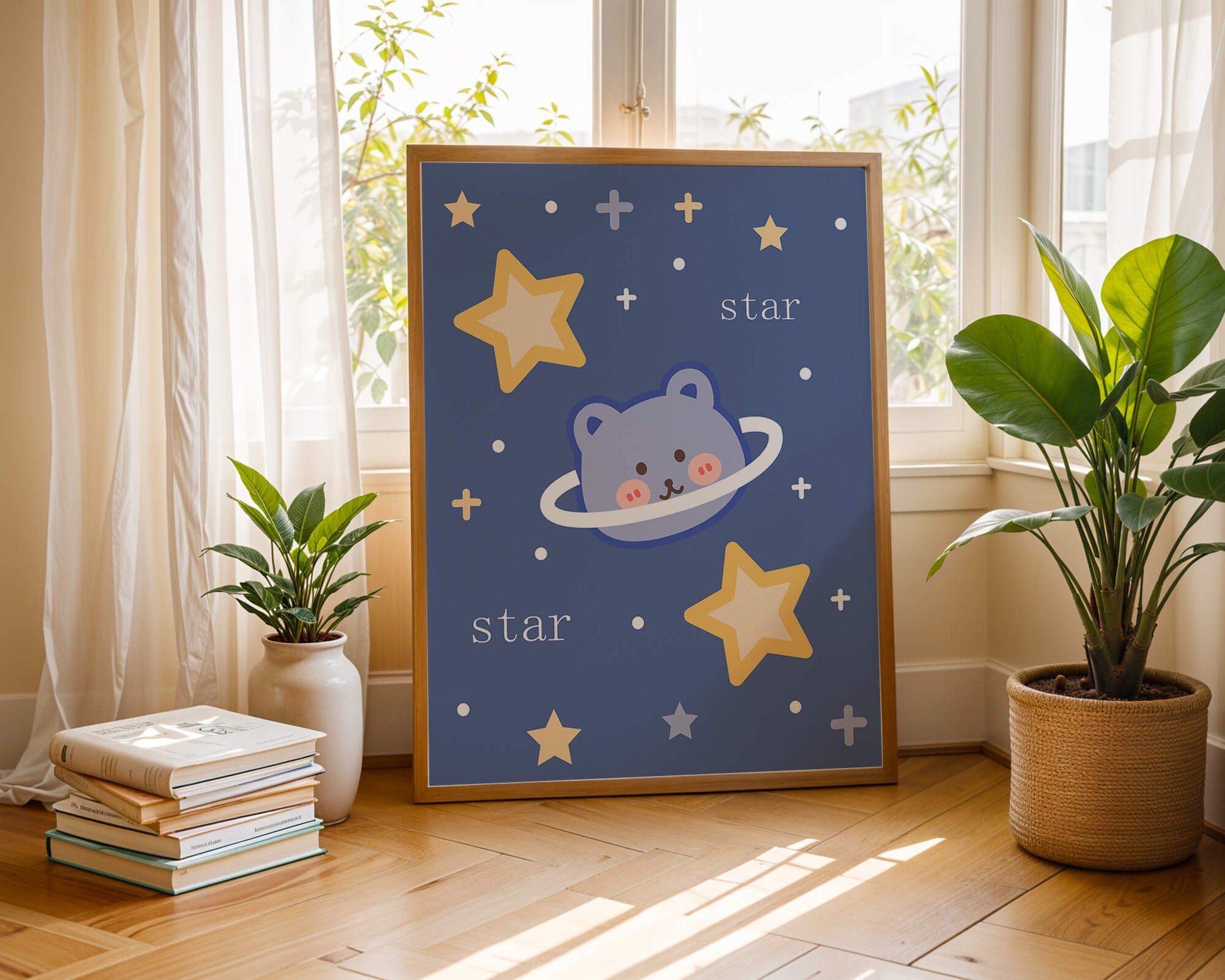 Adorable cartoon bear with stars on a blue background