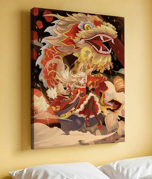 Personnage dynamique avec dragon et lanternes dans une œuvre d'art animée et vibrante