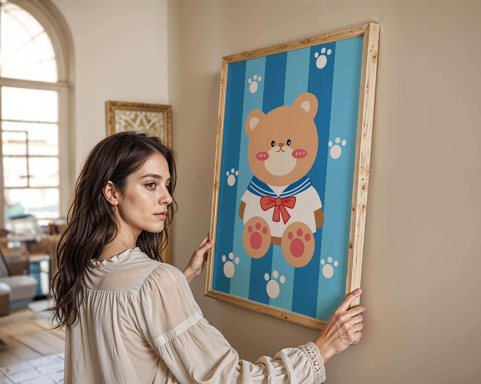 Adorable cartoon bear with sailor suit against striped background