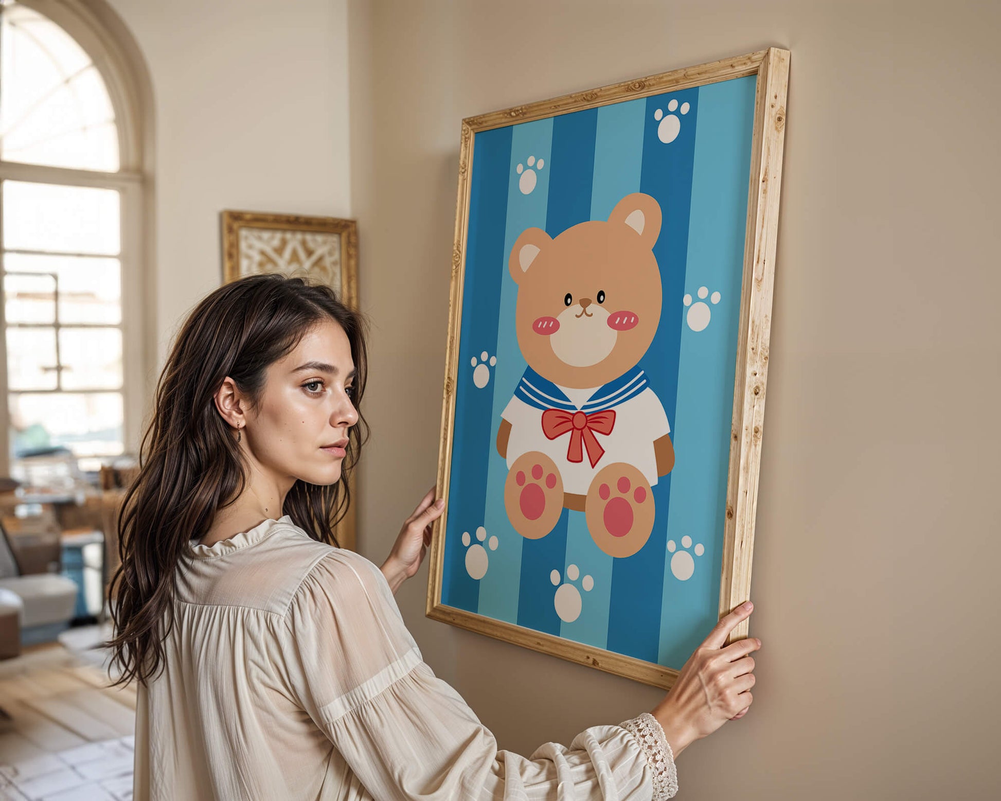 Adorable cartoon bear with sailor suit against striped background