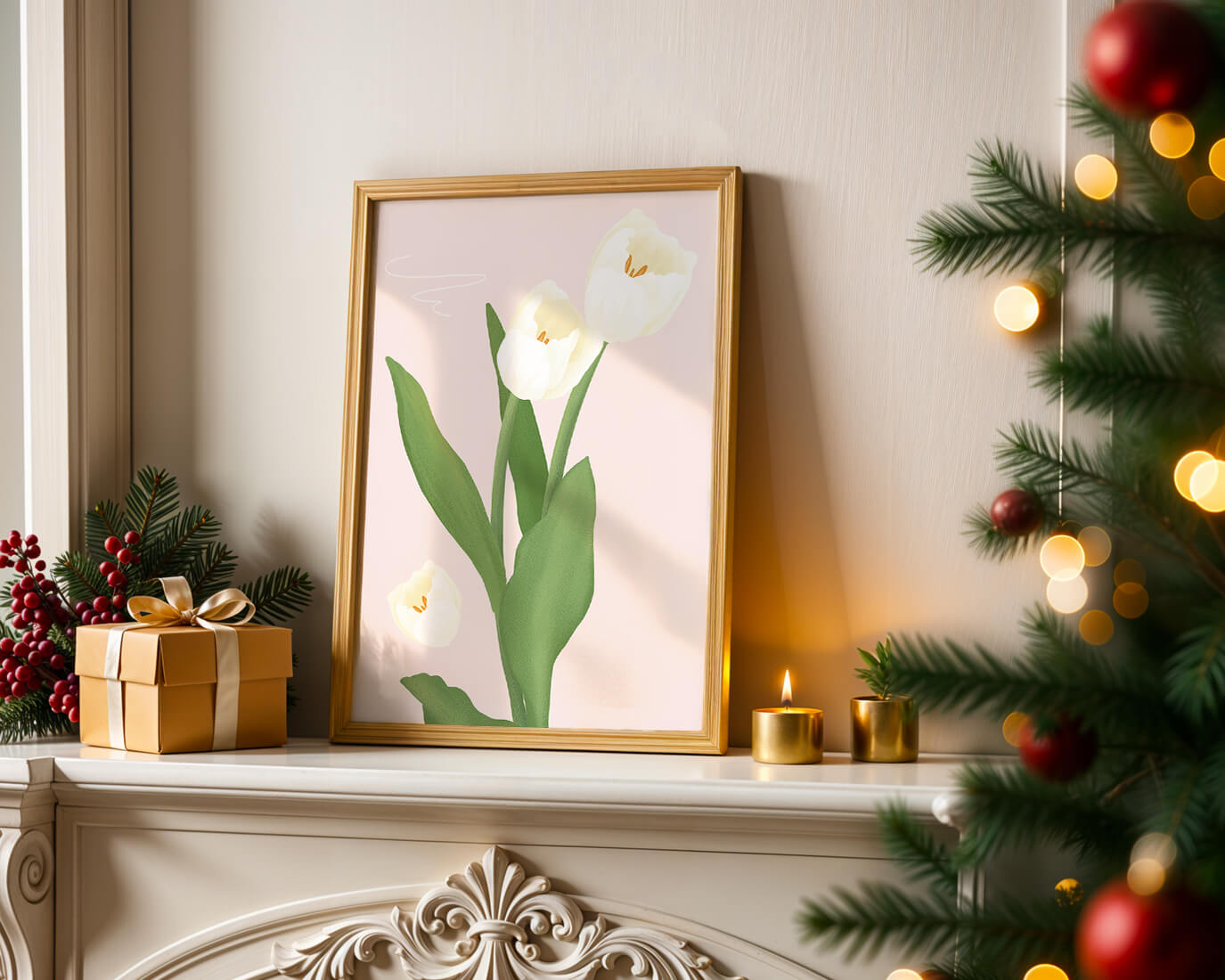 Elegant white tulips illustration on pastel background