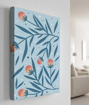 Abstract botanical pattern with colorful flowers and leaves on light blue background