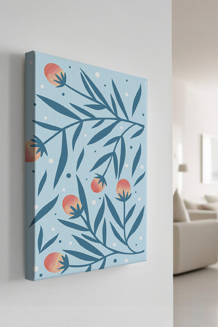 Abstract botanical pattern with colorful flowers and leaves on light blue background