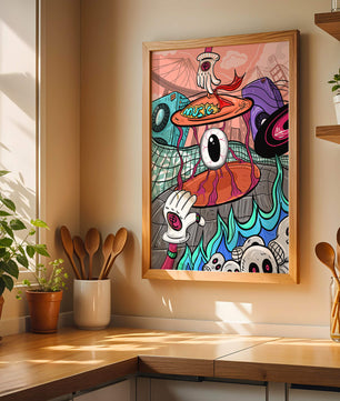 Ilustración abstracta surrealista colorida con un ojo vívido y elementos surrealistas