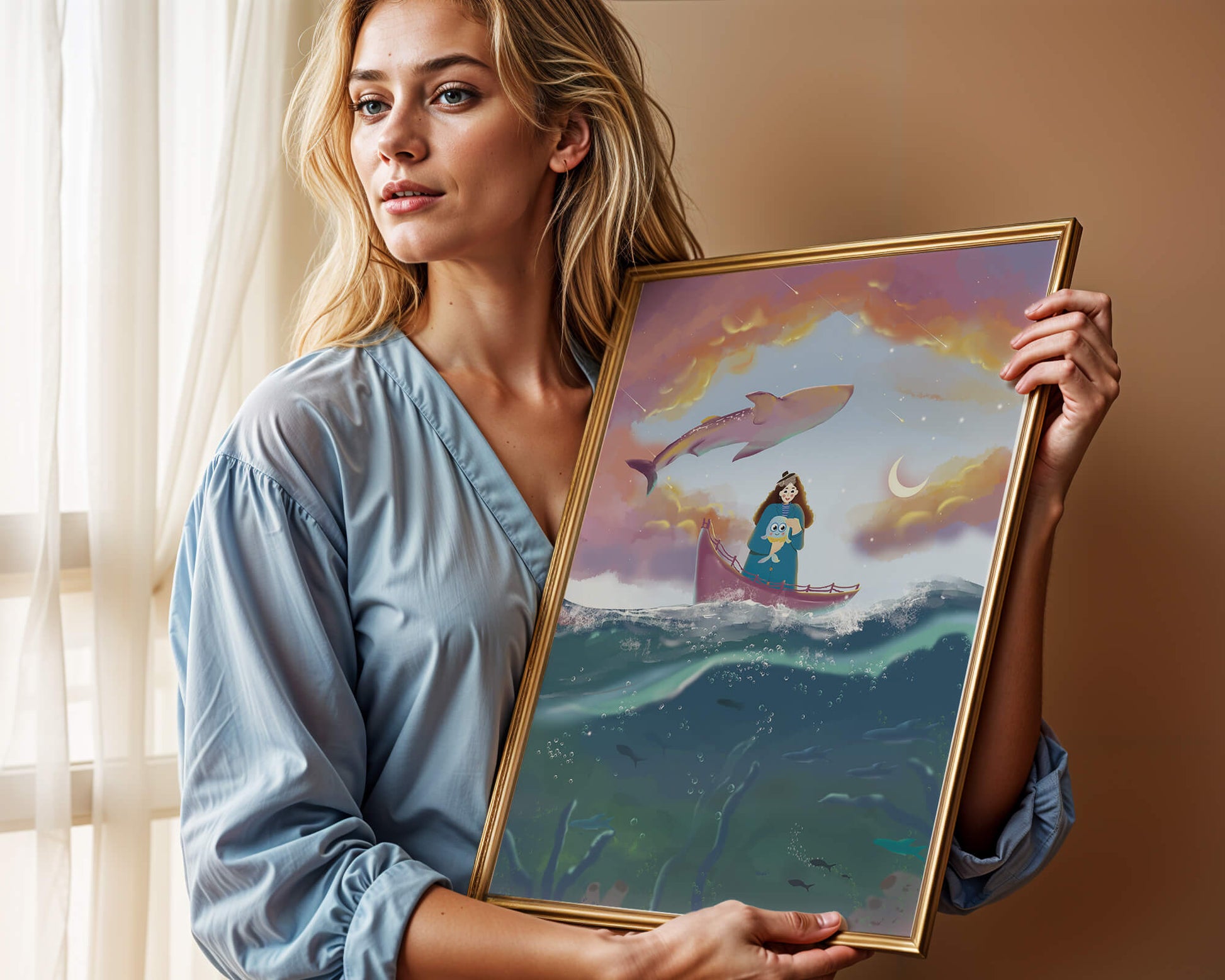 Whimsical illustration of a girl on a boat with a flying whale