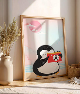 Whimsical penguin illustration with a camera on a pastel beach