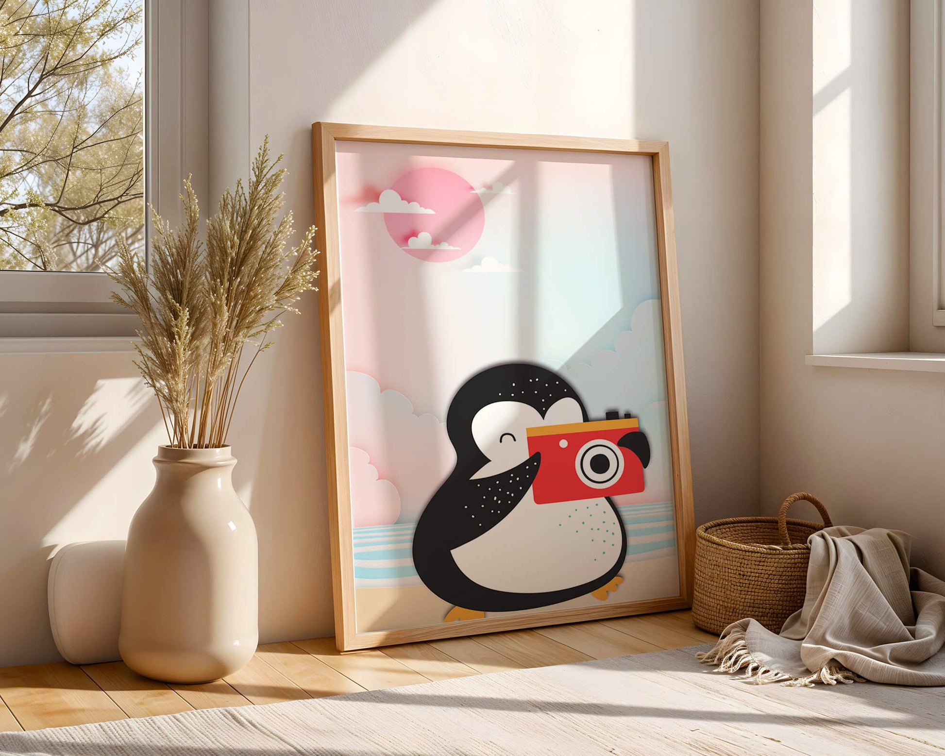 Whimsical penguin illustration with a camera on a pastel beach