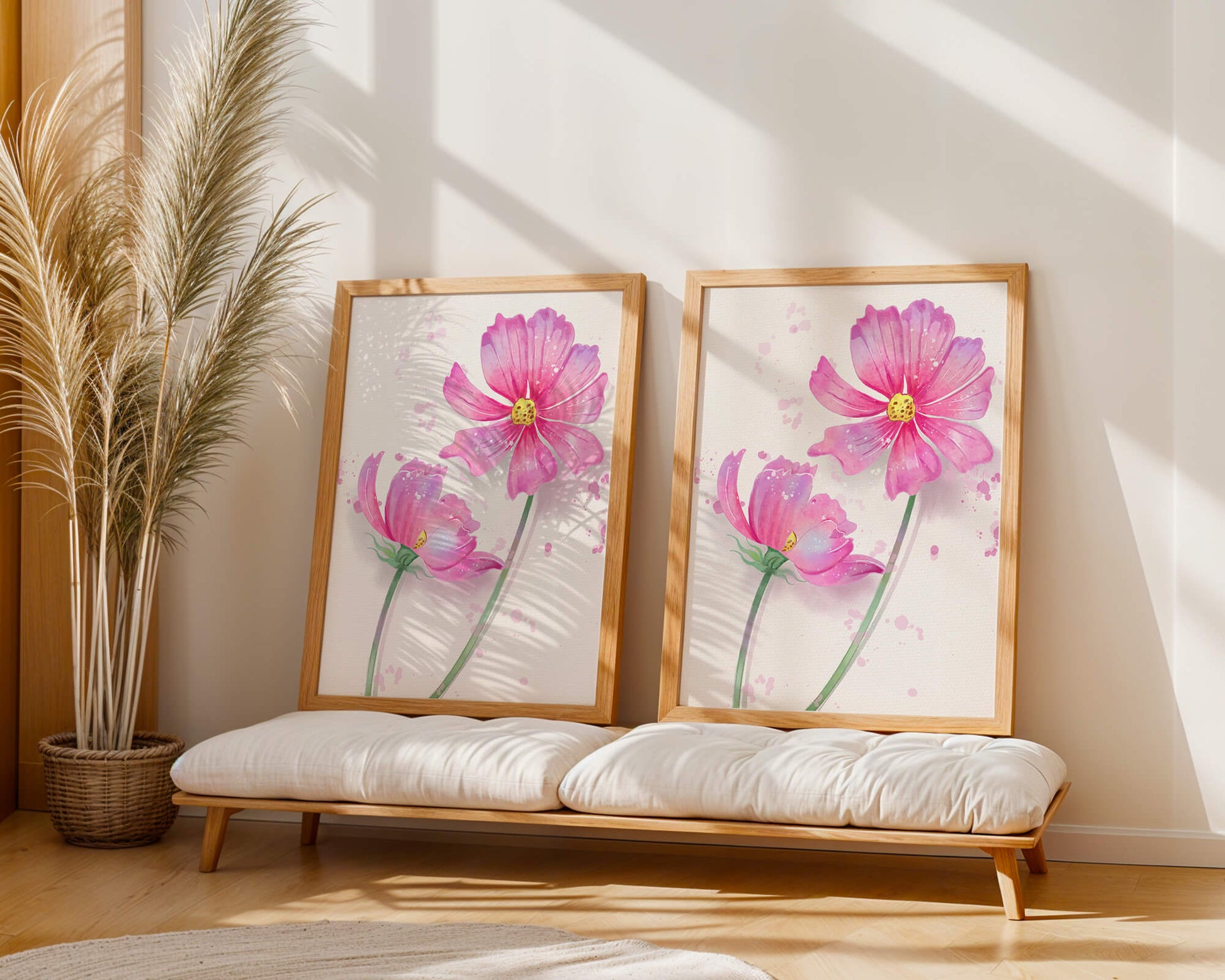 Flores delicadas en acuarela rosada con salpicaduras artísticas en lienzo