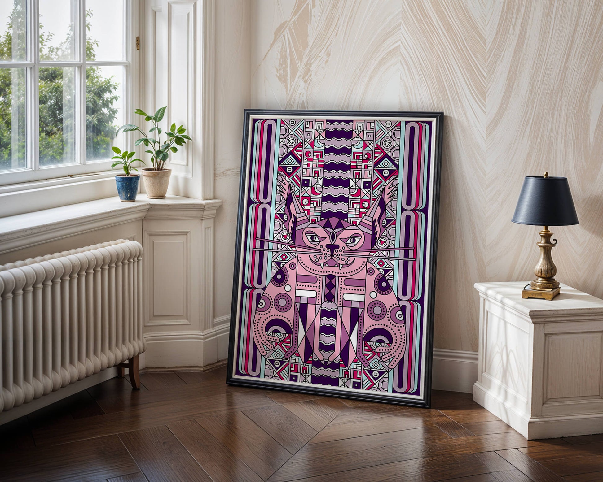 Geometric Art Deco Cat with Intricate Patterns