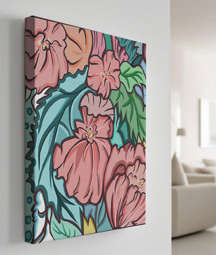 Elegant floral pattern illustration with pink blossoms and green leaves