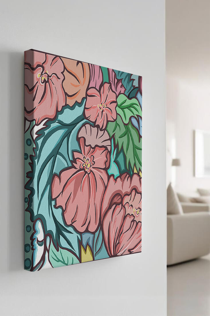 Elegant floral pattern illustration with pink blossoms and green leaves