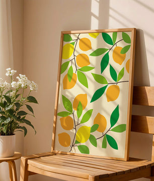 Vibrant lemon pattern with colorful leaves and citrus fruits