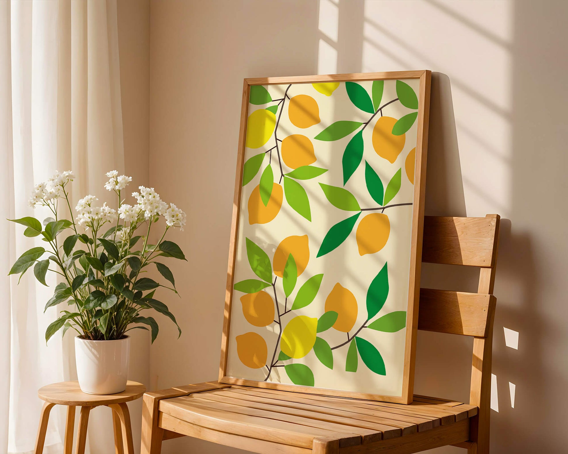Vibrant lemon pattern with colorful leaves and citrus fruits