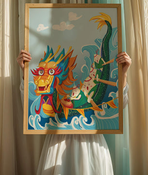 Ilustración vibrante de un dragón en un bote con remeros animados