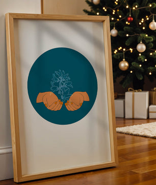 Illustration of Hands Holding a Plant with Teal Background
