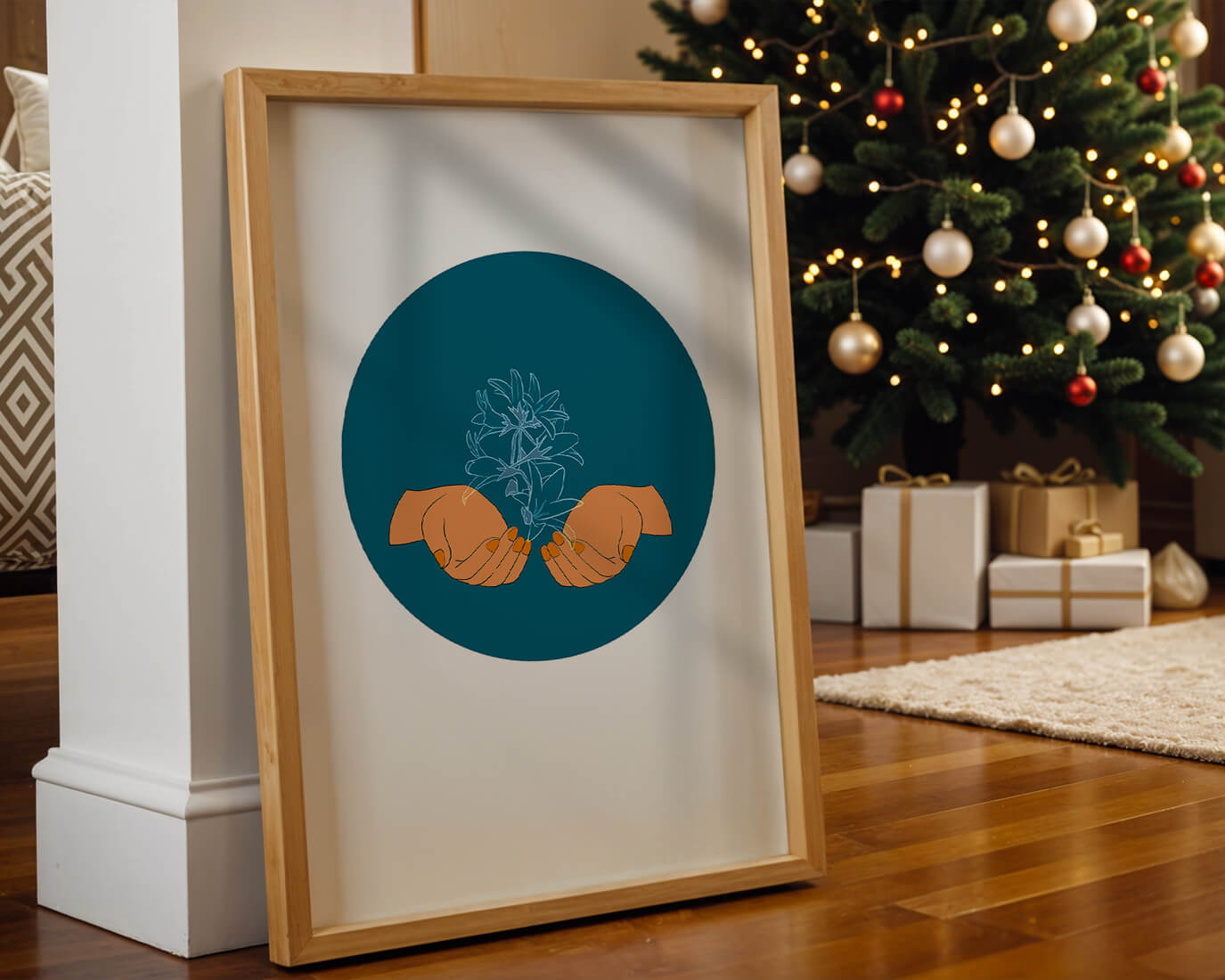 Illustration of Hands Holding a Plant with Teal Background
