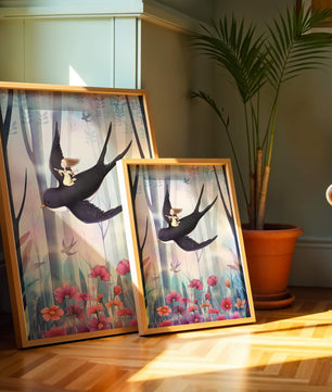 Zauberwald mit Mädchen, das auf einem Vogel zwischen leuchtenden Blumen reitet