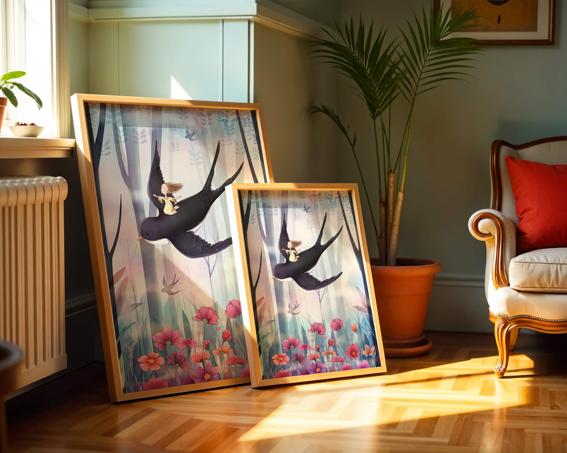 Enchanted forest with girl riding bird among vibrant flowers