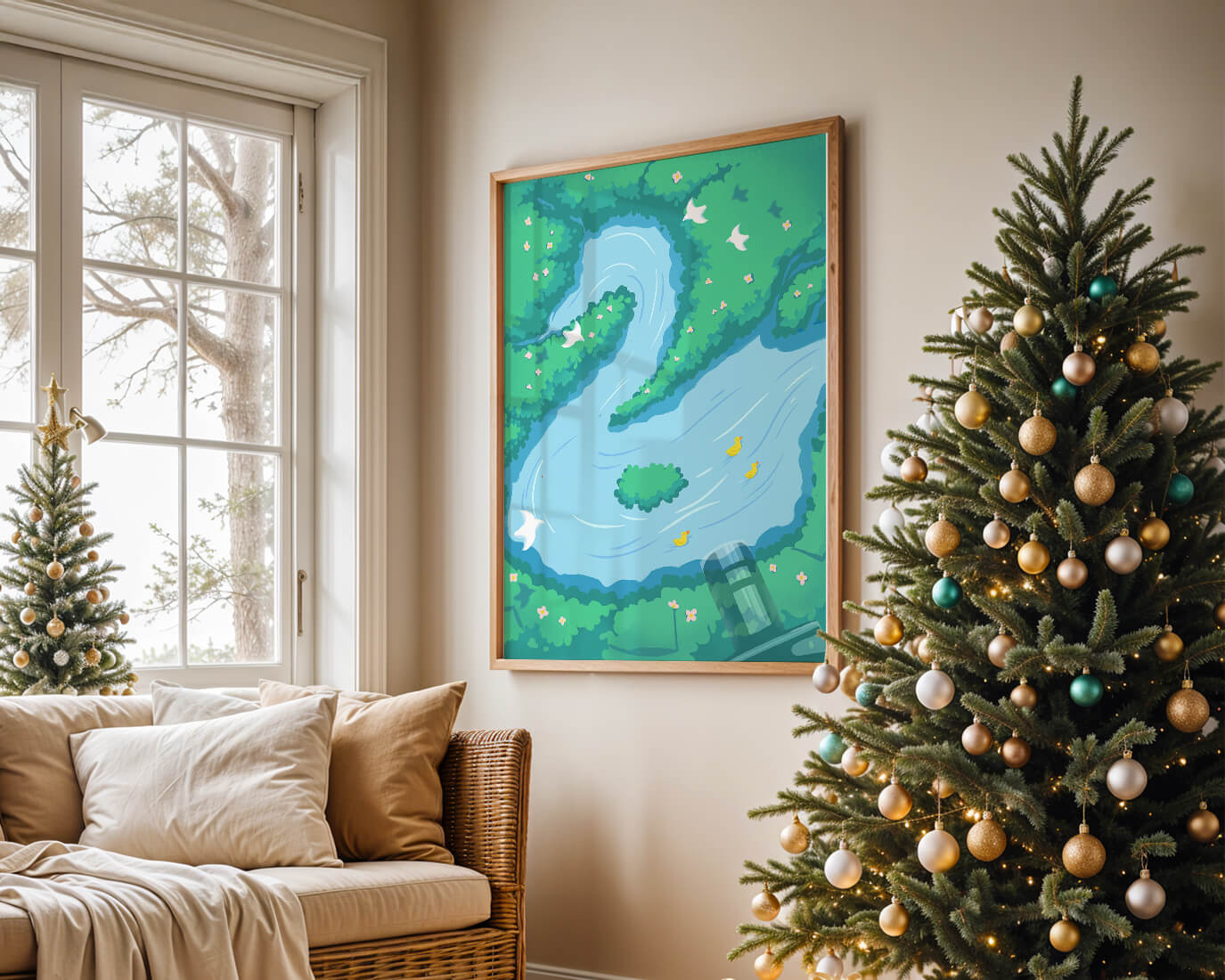 Río sereno con patos y aves en un paisaje exuberante