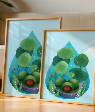 Nature-inspired abstract illustration with leaves and spheres