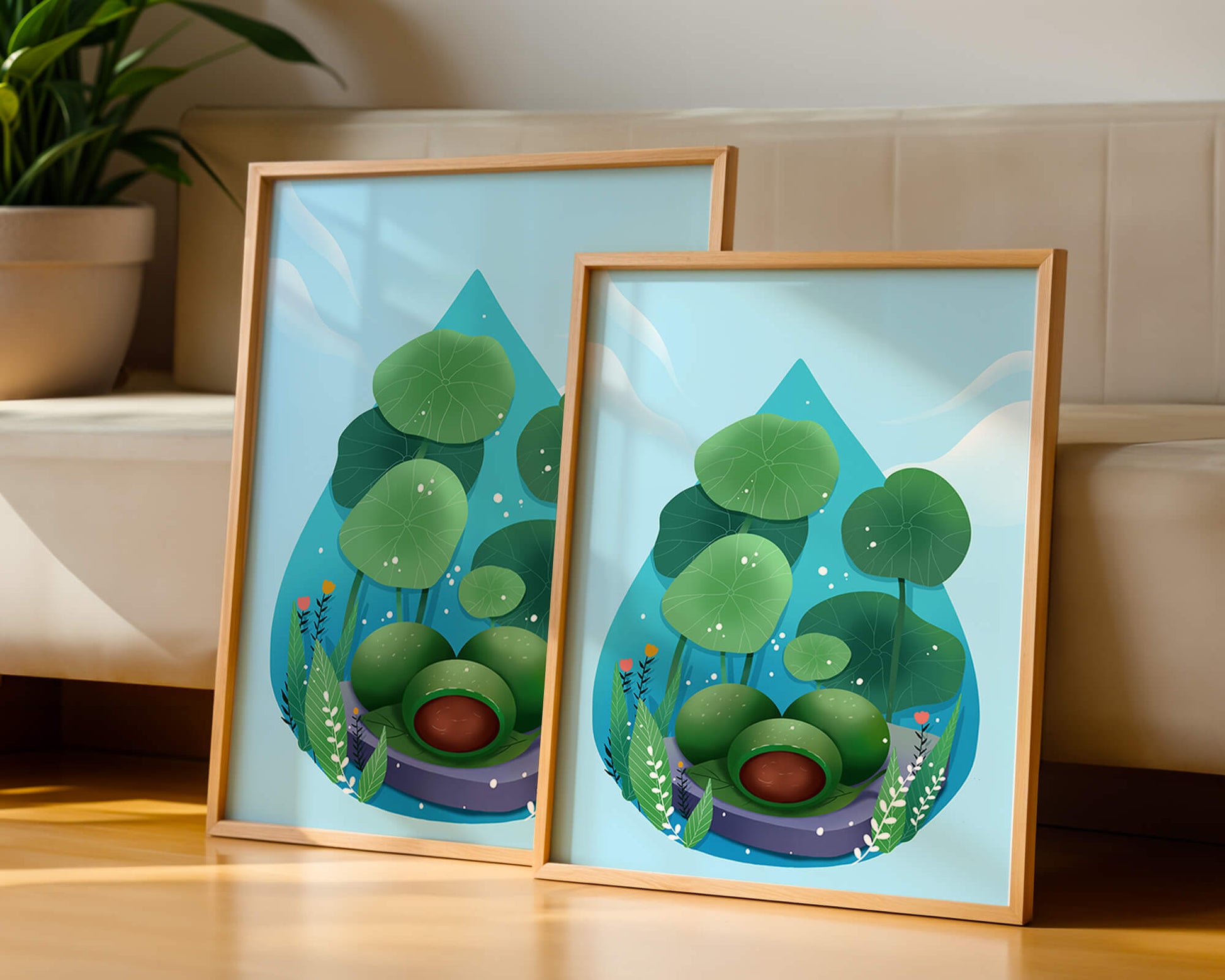 Nature-inspired abstract illustration with leaves and spheres