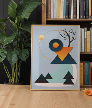 Abstract Geometric Landscape with Mountain and Sun - Mi tienda