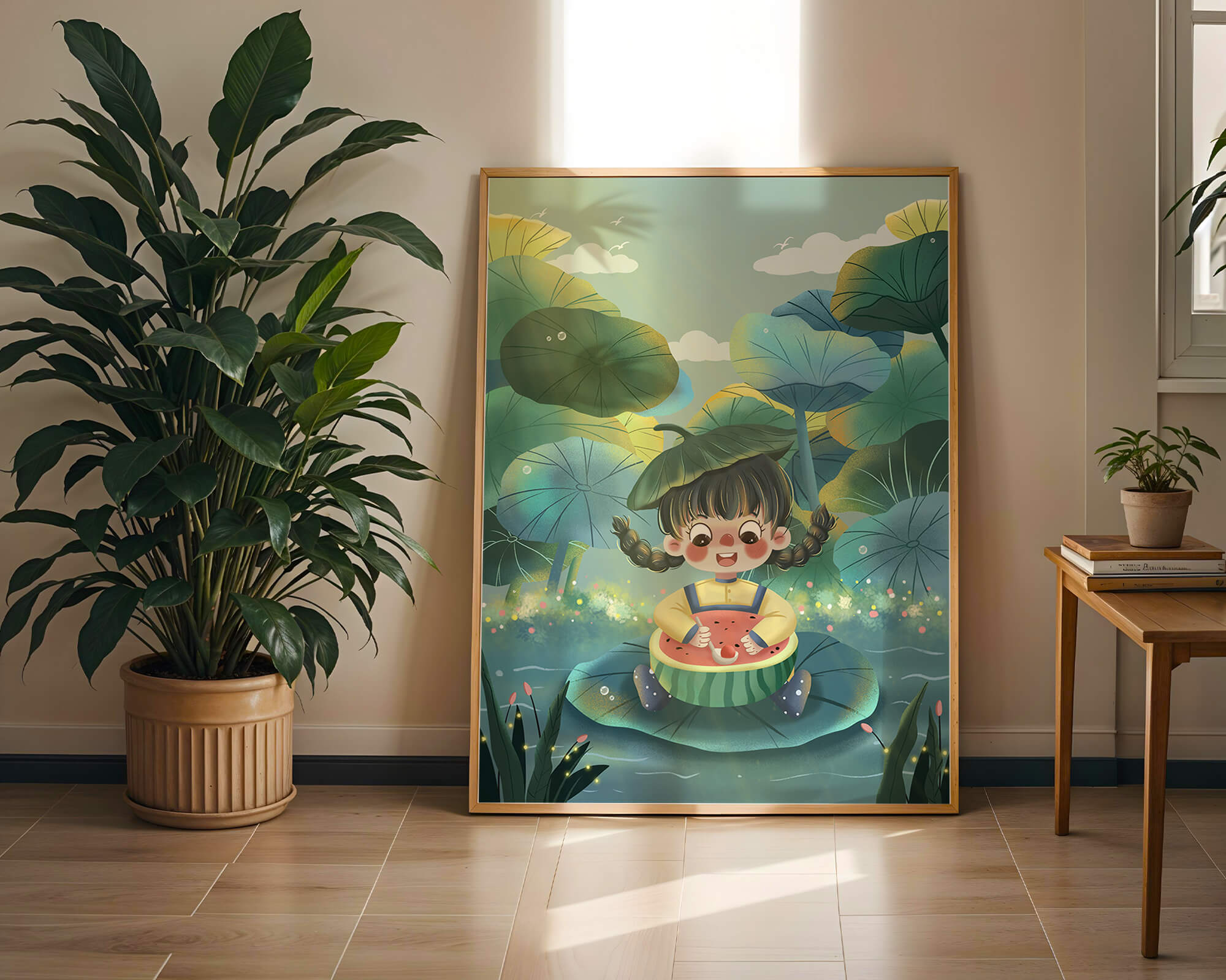 Charming illustration of a child enjoying watermelon amidst whimsical nature